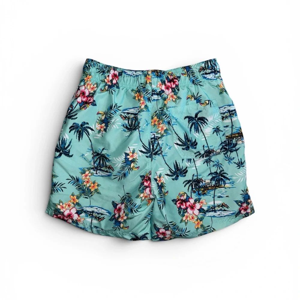 Men's Aqua Tropical Print Swim Trunks